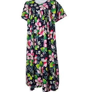 Phases Floral‎ Print Muumuu Dress Navy Blue Pink Green White Short Sleeve Size M